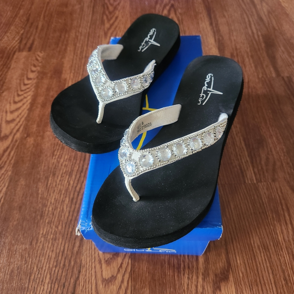 Blue Fin Sandals with Clear Embellishments